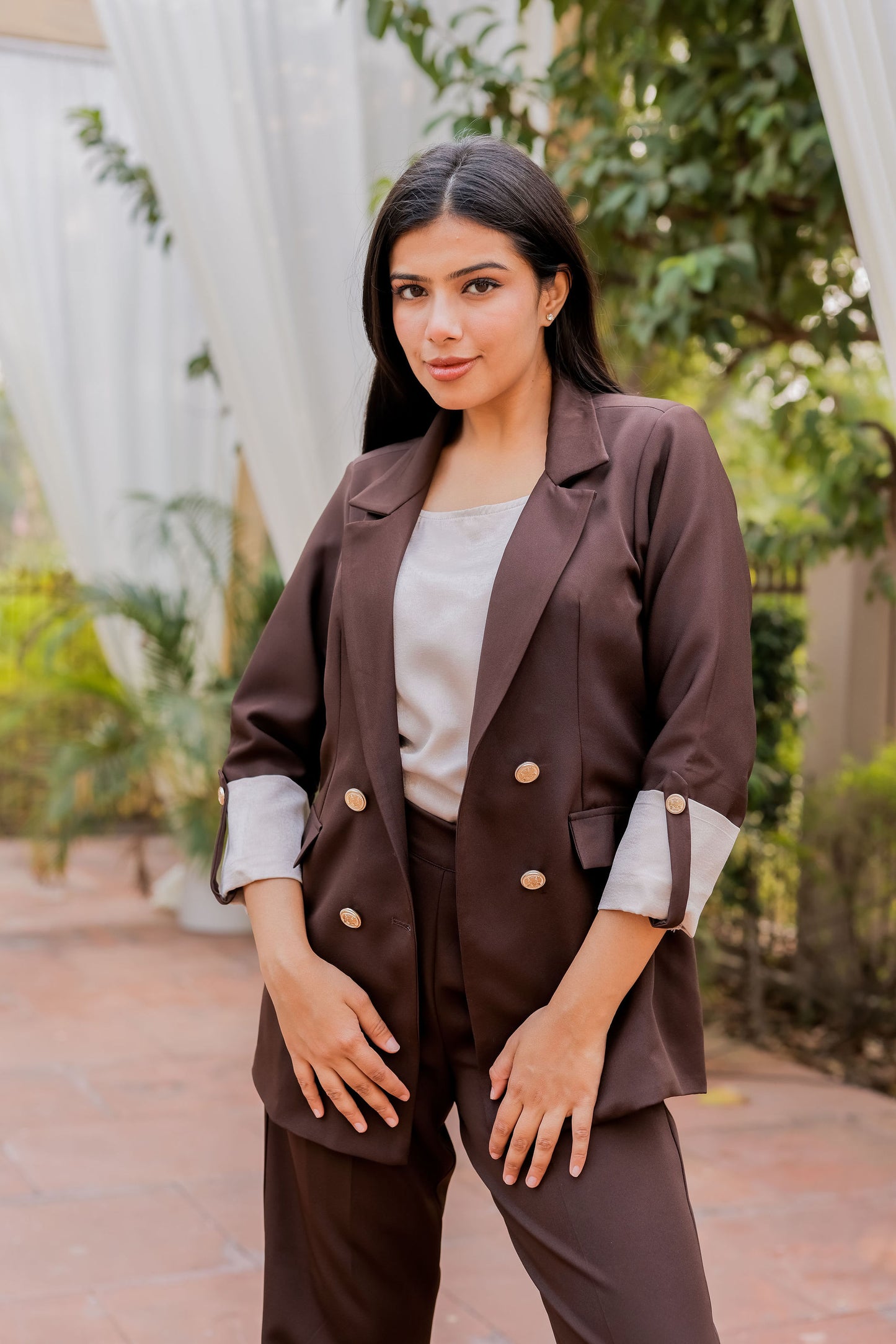Brown Crepe coat & Pants Co ord set  with Cream Satin Detailing on Cuffs and gold butoons EWCO0028-BRNPT