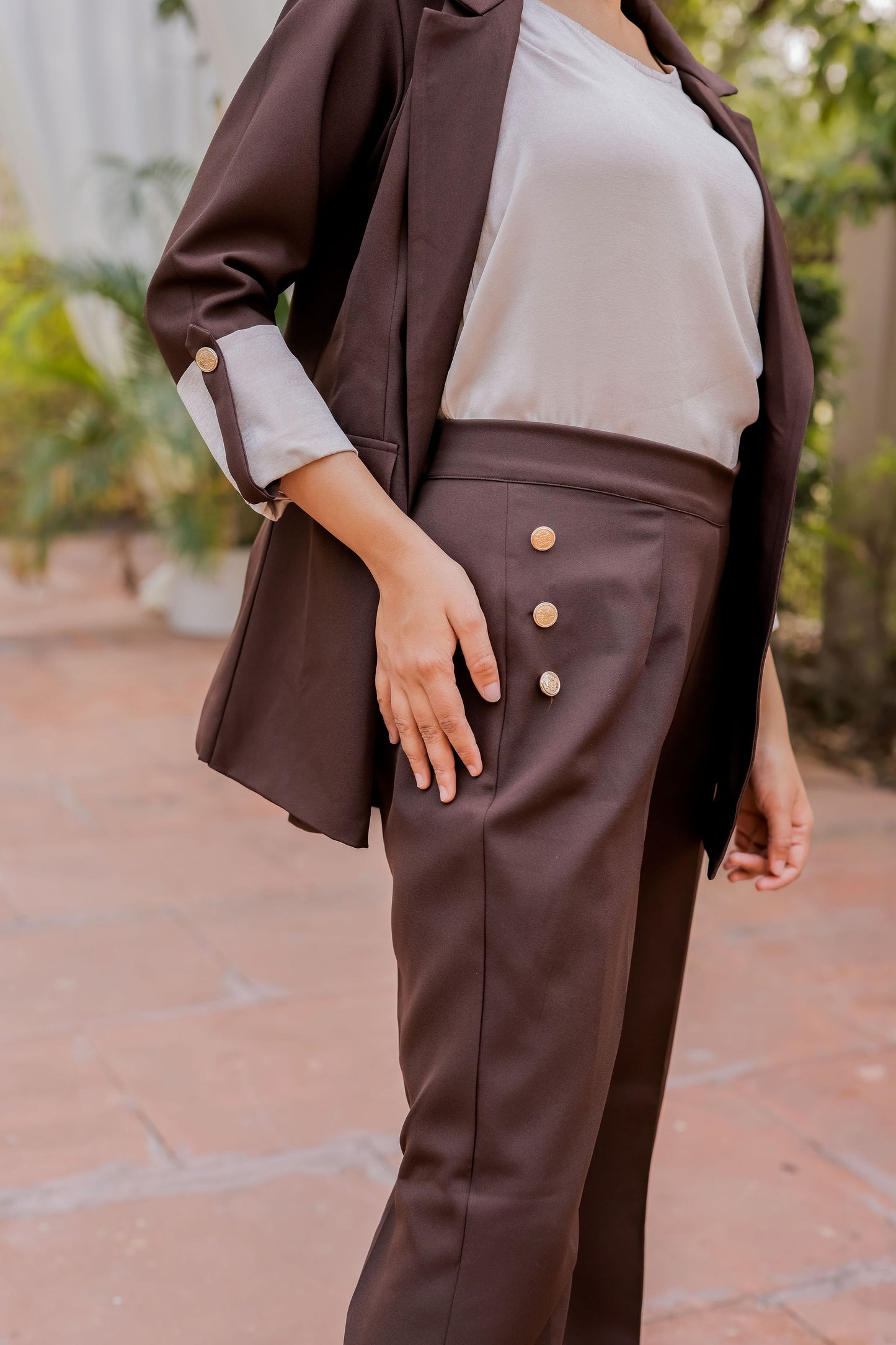 Brown Crepe coat with Cream Satin Detailing on Cuffs and gold butoons EWCT0003-BRNGB