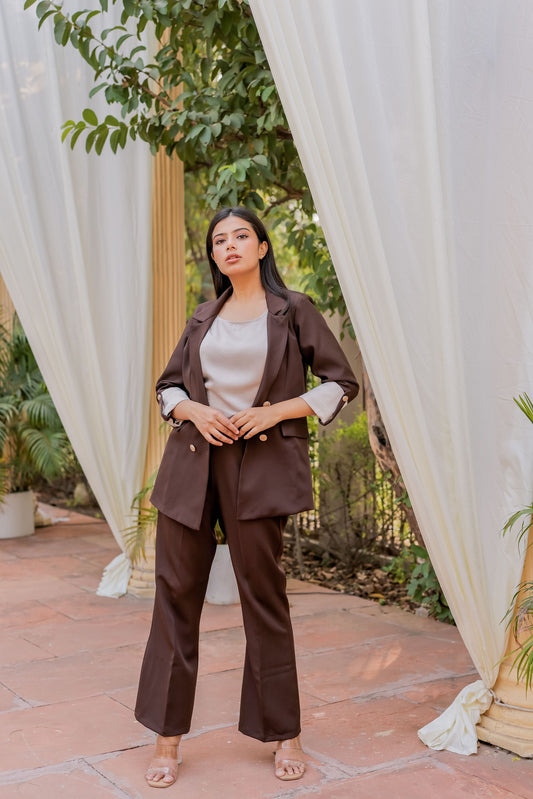Brown Crepe coat & Pants Co ord set  with Cream Satin Detailing on Cuffs and gold butoons EWCO0028-BRNPT
