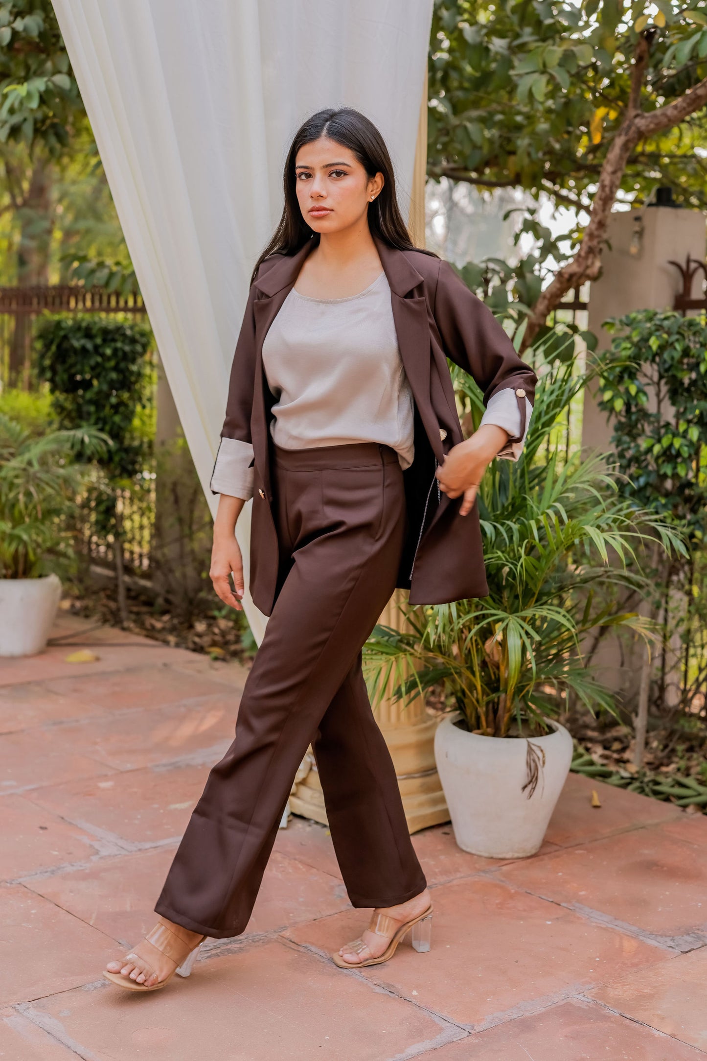 Brown Crepe coat & Pants Co ord set  with Cream Satin Detailing on Cuffs and gold butoons EWCO0028-BRNPT