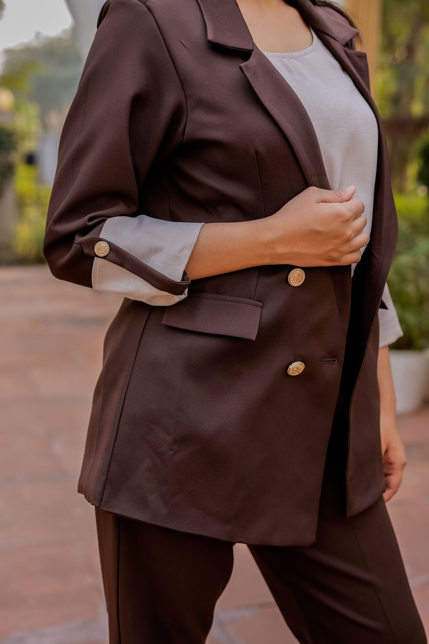 Brown Crepe coat with Cream Satin Detailing on Cuffs and gold butoons EWCT0003-BRNGB