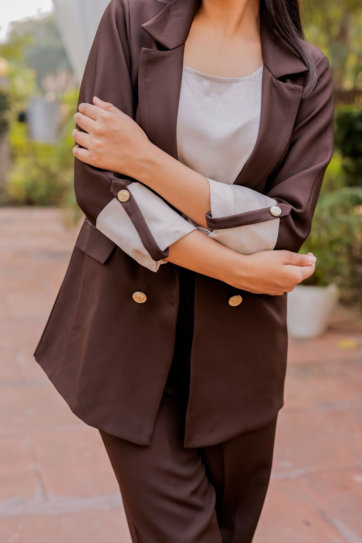 Brown Crepe coat with Cream Satin Detailing on Cuffs and gold butoons EWCT0003-BRNGB