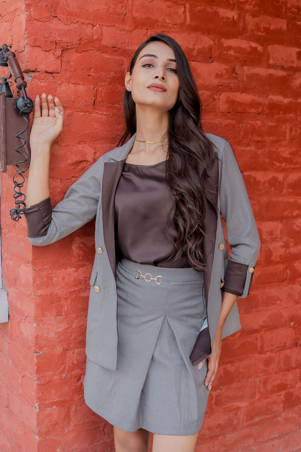 Brown Houndstooth coat with brown satin detailing and gold buttons EWCT0002-BRNGB