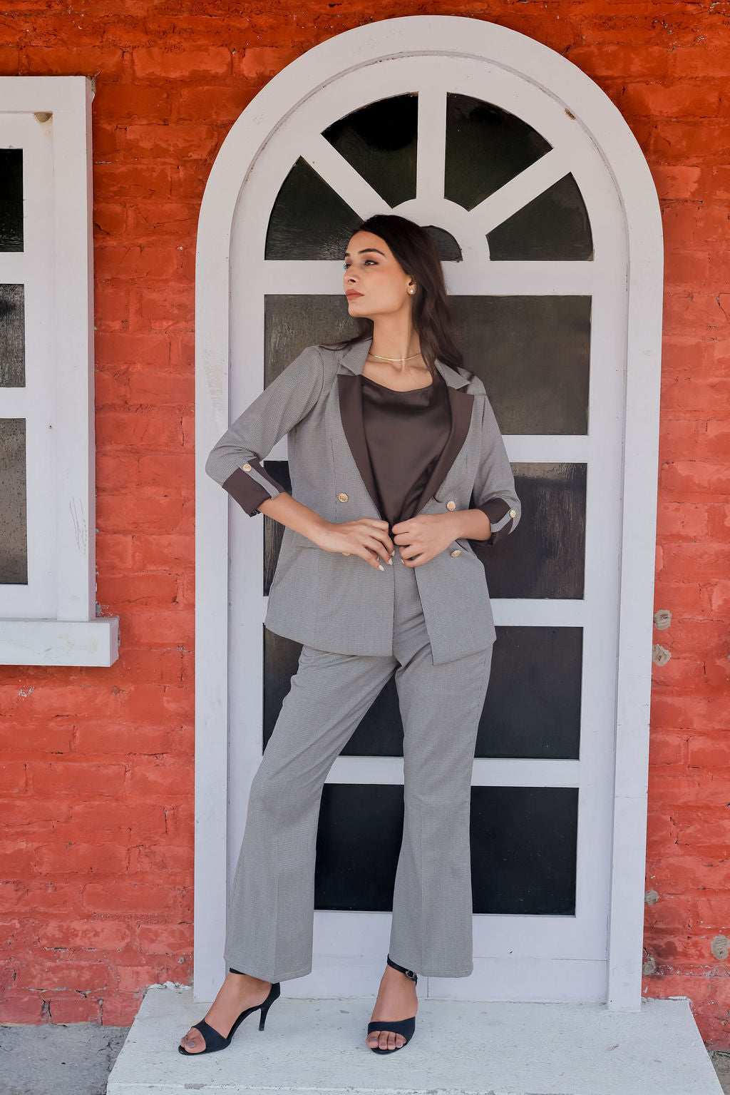 Brown Houndstooth coat & Pants Co ord set  with brown satin detailing and gold buttons EWCO0027-BRNPT