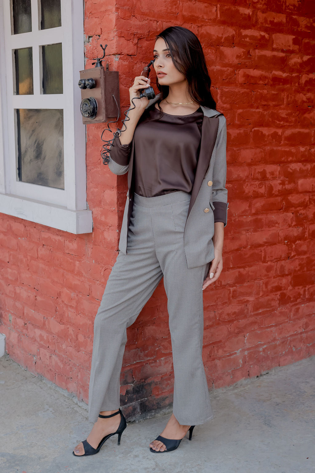 Brown Houndstooth coat & Pants Co ord set  with brown satin detailing and gold buttons EWCO0027-BRNPT