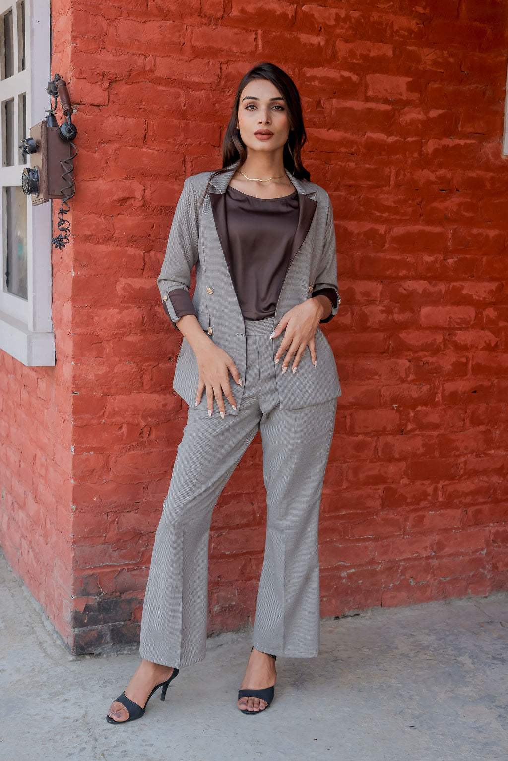 Brown Houndstooth coat & Pants Co ord set  with brown satin detailing and gold buttons EWCO0027-BRNPT