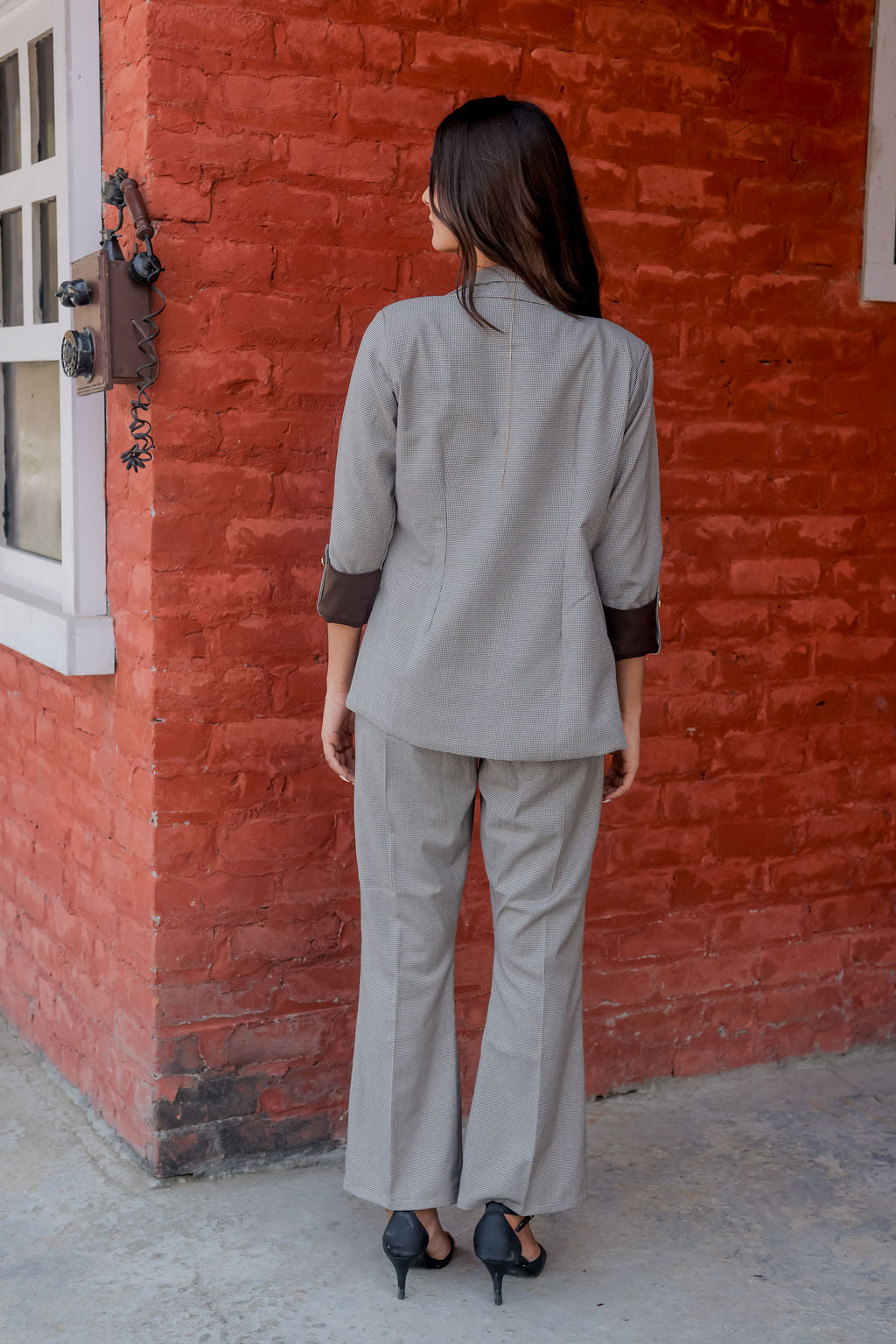 Brown Houndstooth coat & Pants Co ord set  with brown satin detailing and gold buttons EWCO0027-BRNPT