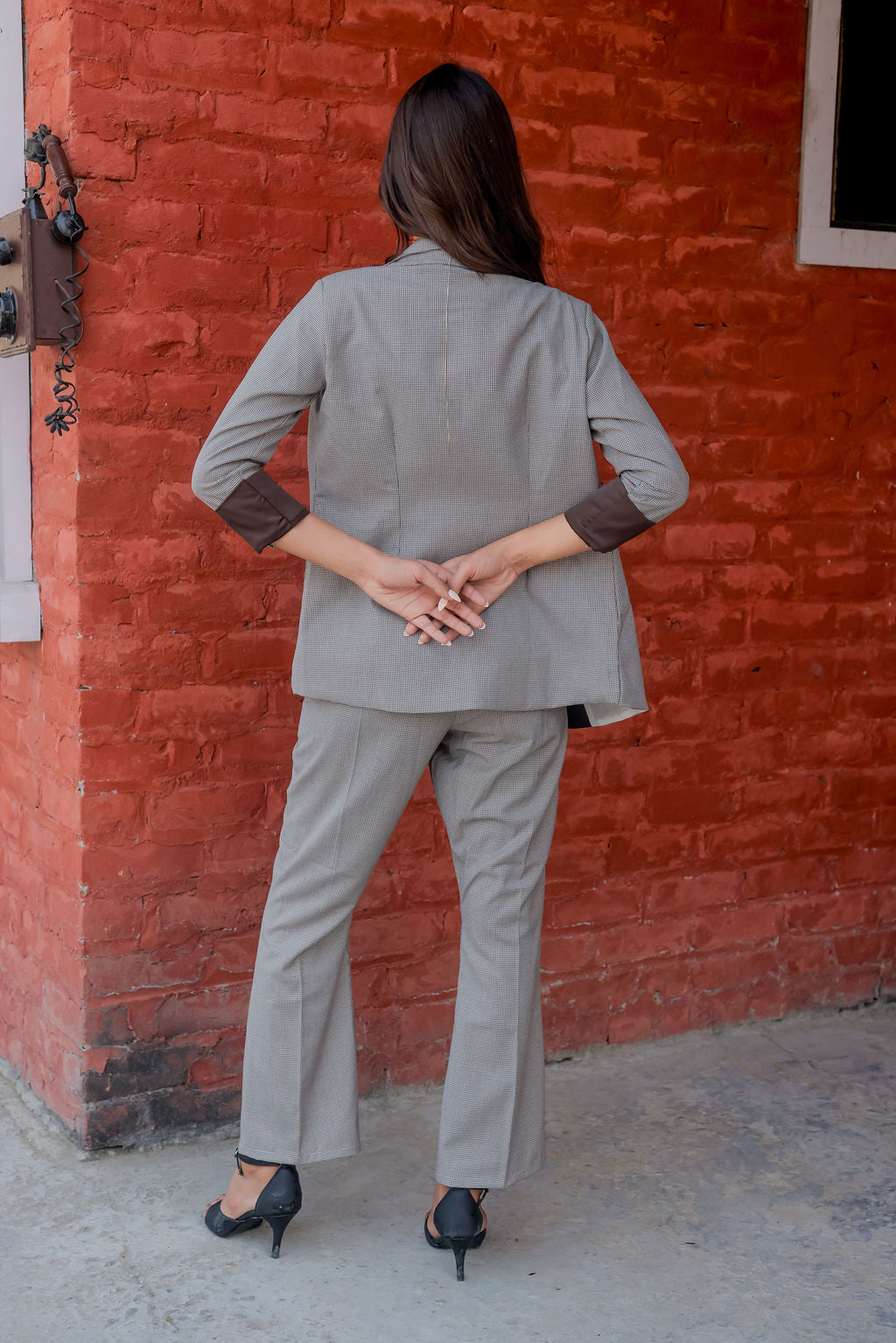 Brown Houndstooth coat & Pants Co ord set  with brown satin detailing and gold buttons EWCO0027-BRNPT