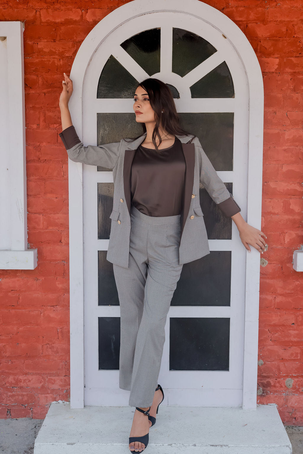 Brown Houndstooth pants with gold buttons detailing ESWPA0020-BRNGB