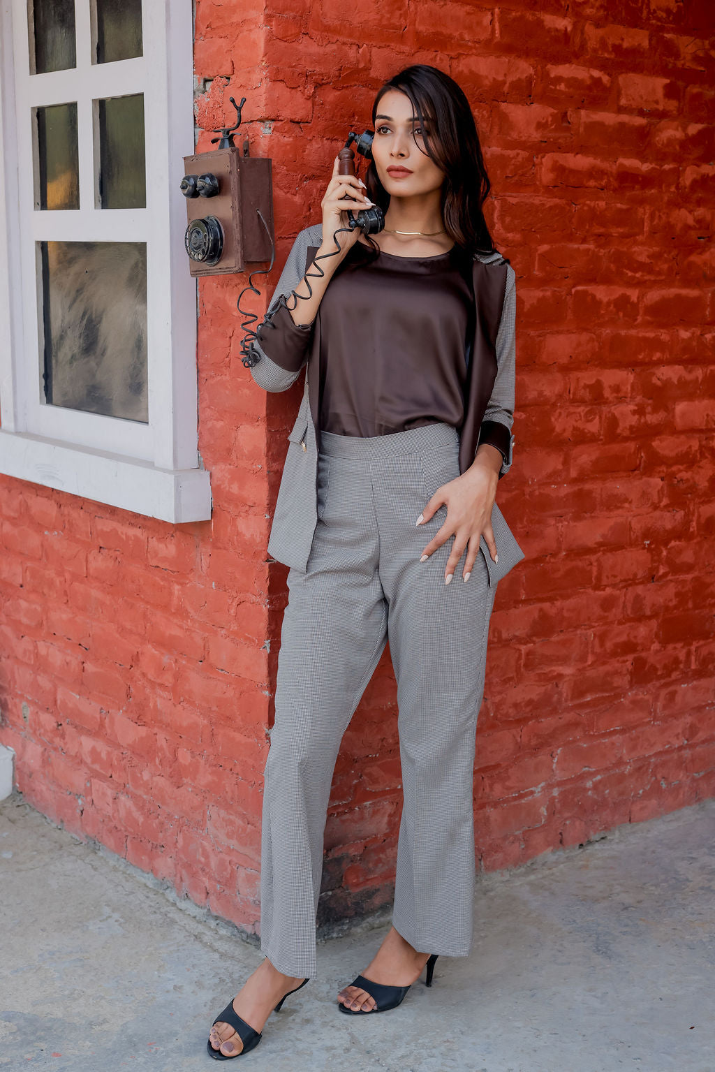Brown Houndstooth pants with gold buttons detailing ESWPA0020-BRNGB