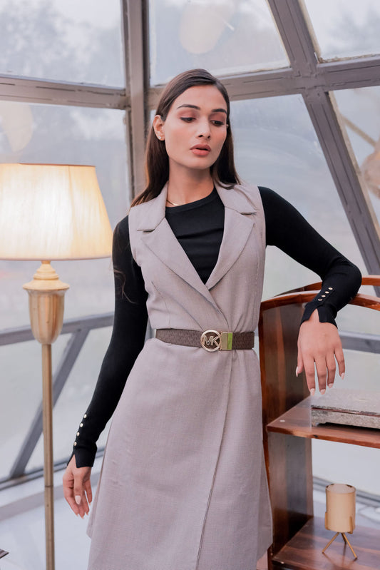 Brown Houndstooth wrap dress ESWDR0023-BRWBT (Belt and sweater not included)