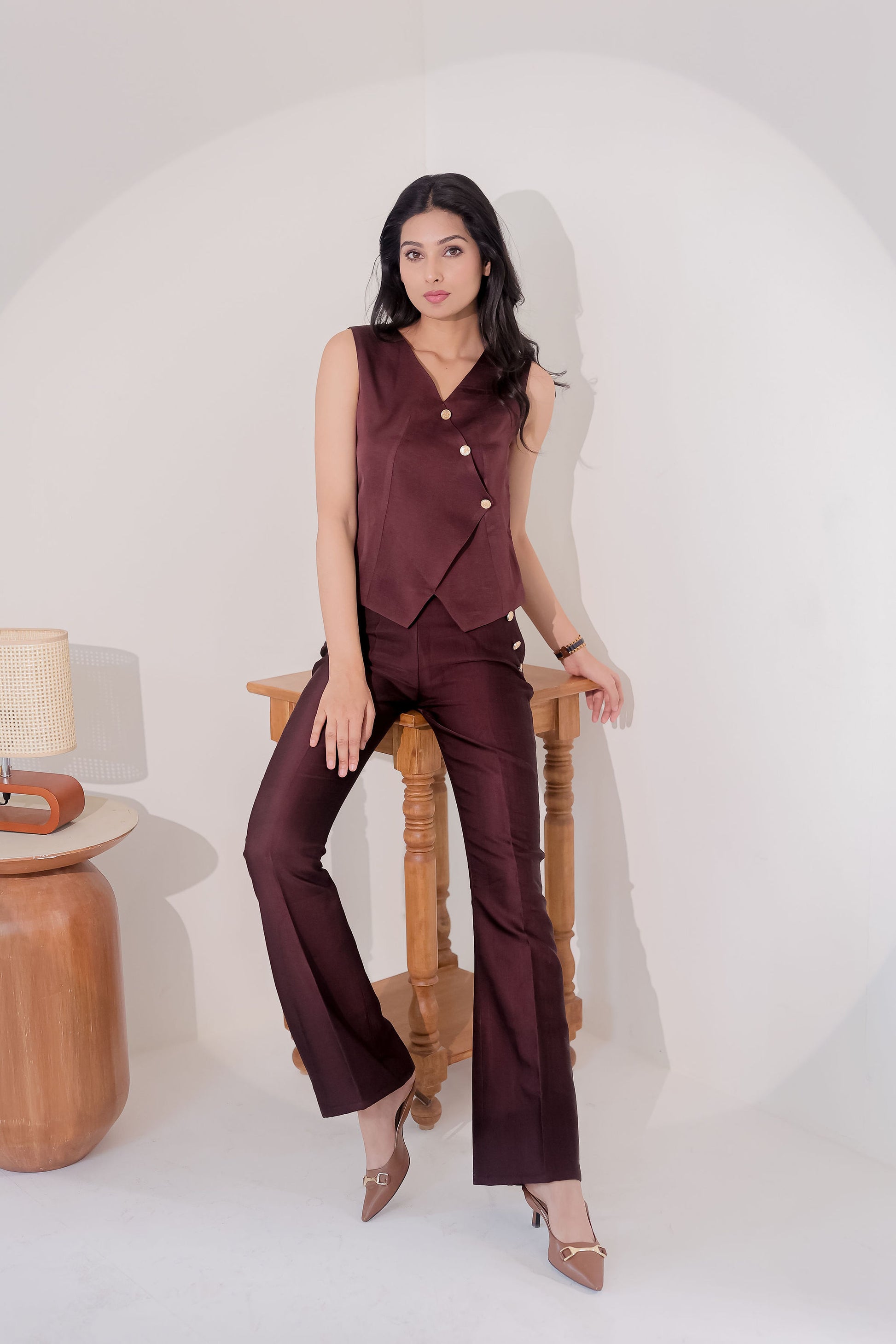Brown Linen co ord set with gold buttons-Esseneur