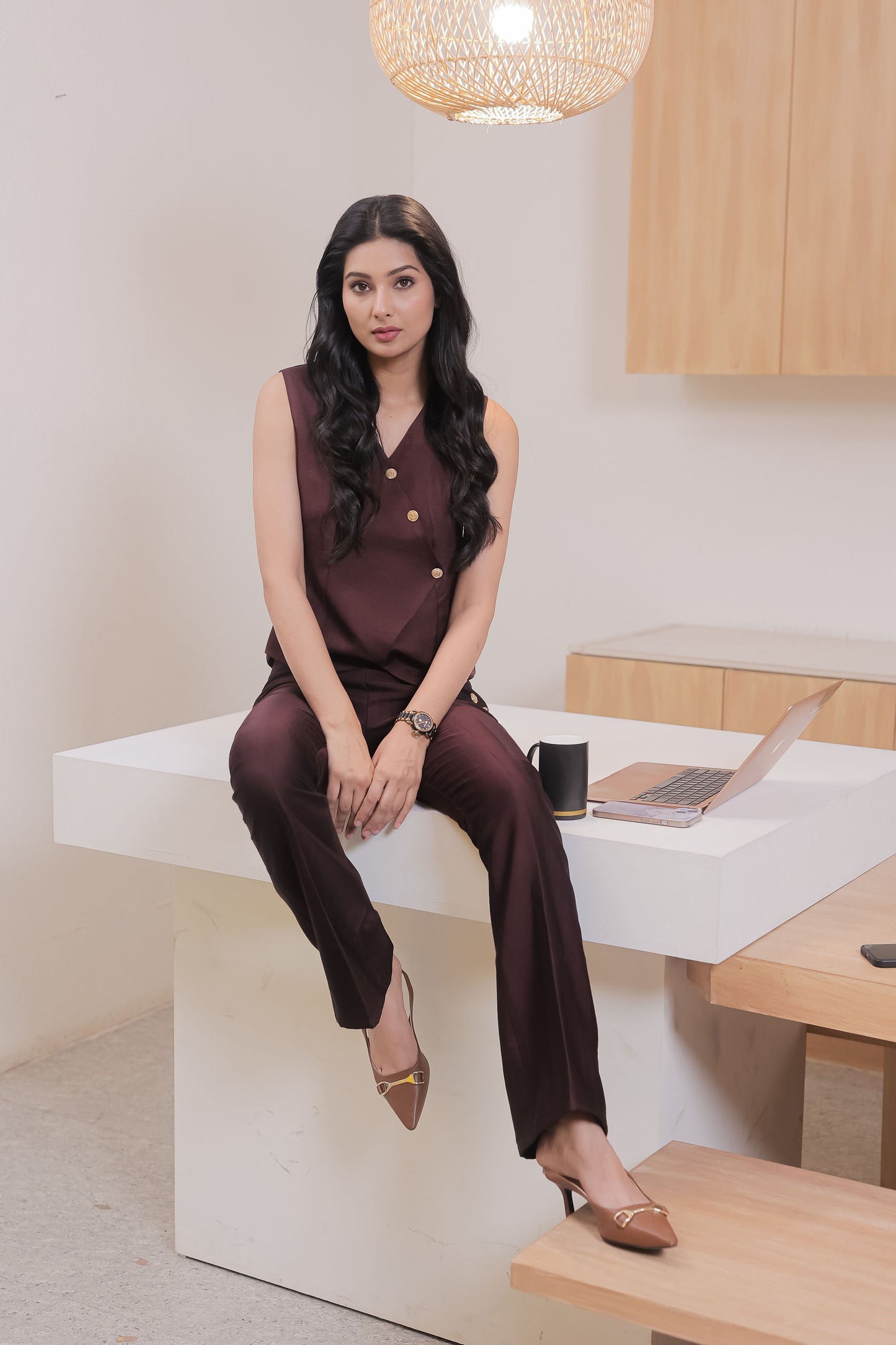 Brown Linen co ord set with gold buttons-Esseneur