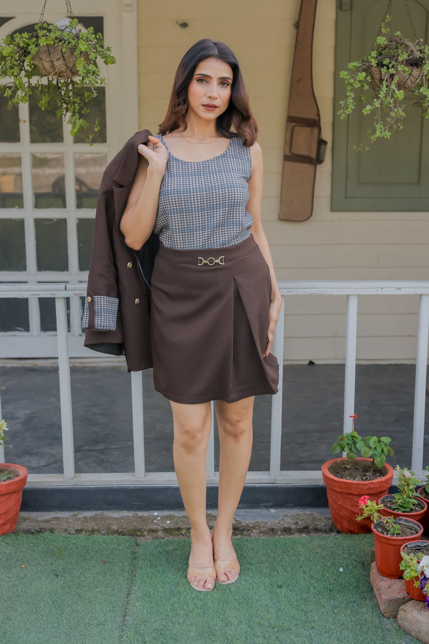 Brown crepe Short skirt ESWSK0002-BRWGB