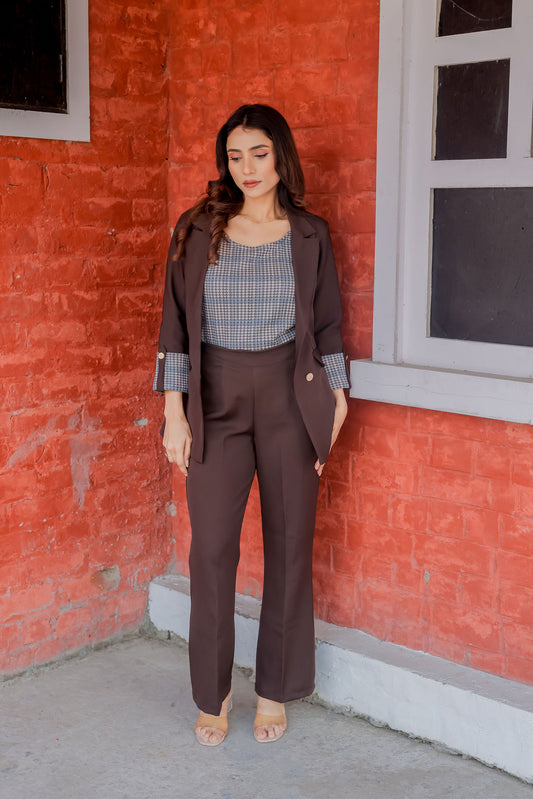 Brown crepe coat with Houndstooth & Pants Co ord set cuff detailing and gold buttons EWCO0031-BRNPT