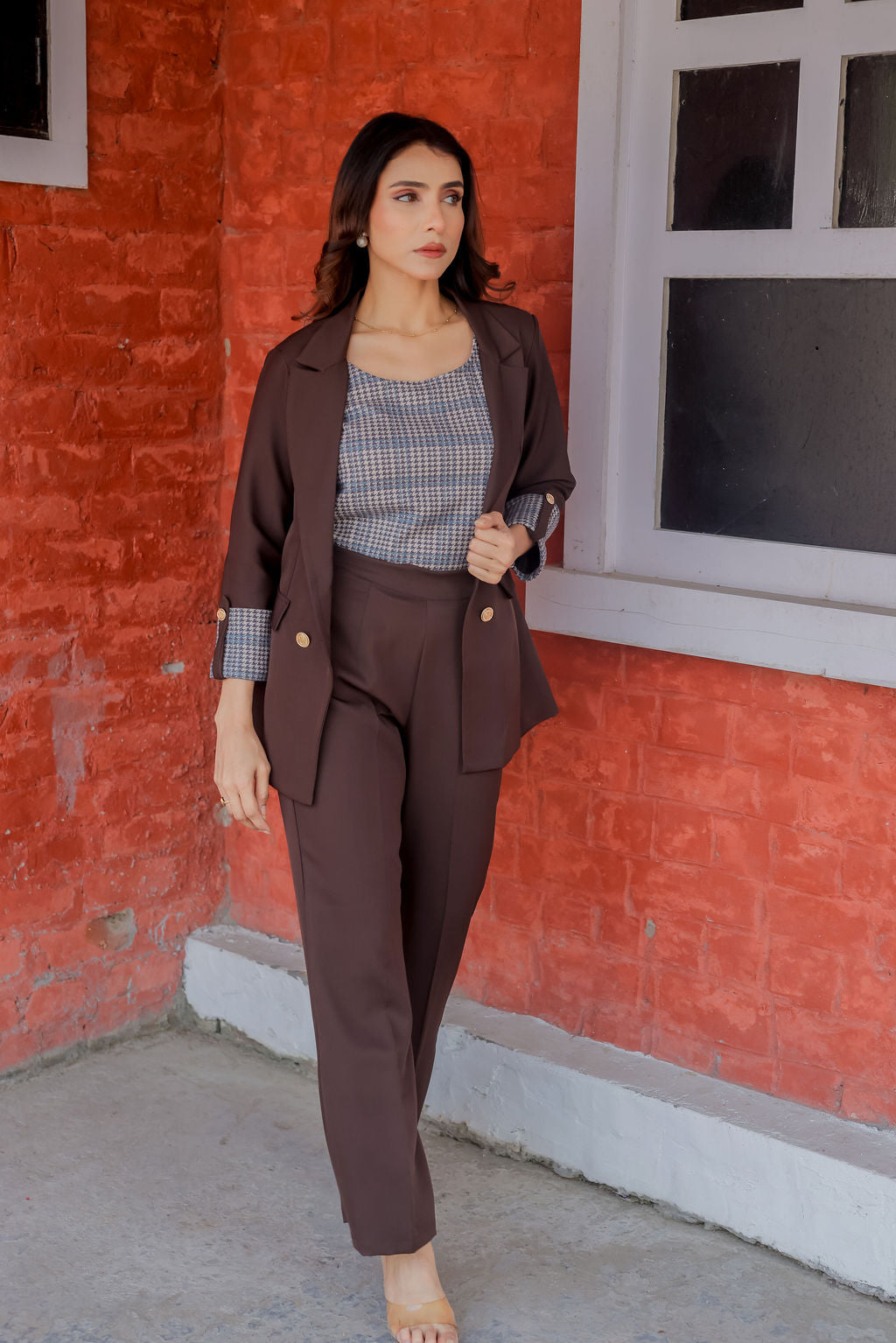 Brown crepe coat with Houndstooth & Pants Co ord set  cuff detailing and gold buttons EWCO0031-BRNPT