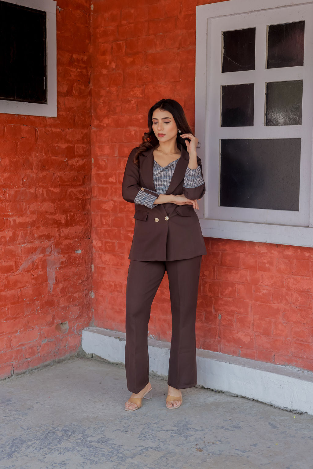 Brown crepe coat with Houndstooth & Pants Co ord set  cuff detailing and gold buttons EWCO0031-BRNPT