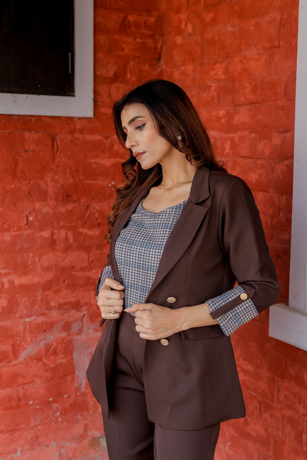 Brown crepe coat with Houndstooth & Pants Co ord set  cuff detailing and gold buttons EWCO0031-BRNPT