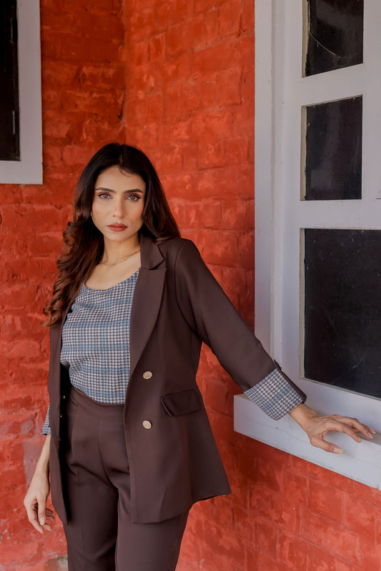 Brown crepe coat with Houndstooth cuff detailing and gold buttons EWCT0006-BRNGB