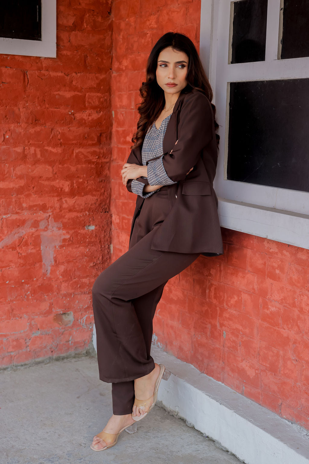Brown crepe coat with Houndstooth & Pants Co ord set  cuff detailing and gold buttons EWCO0031-BRNPT