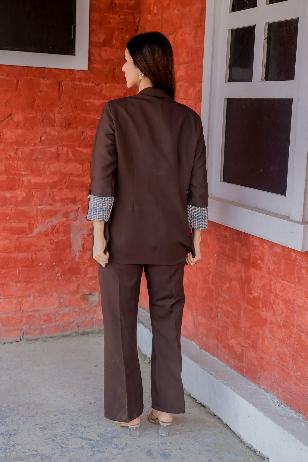 Brown crepe coat with Houndstooth cuff detailing and gold buttons EWCT0006-BRNGB