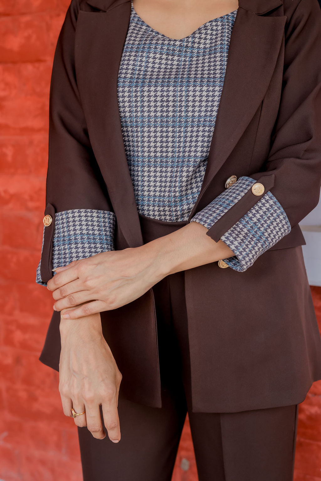 Brown crepe coat with Houndstooth & Pants Co ord set  cuff detailing and gold buttons EWCO0031-BRNPT