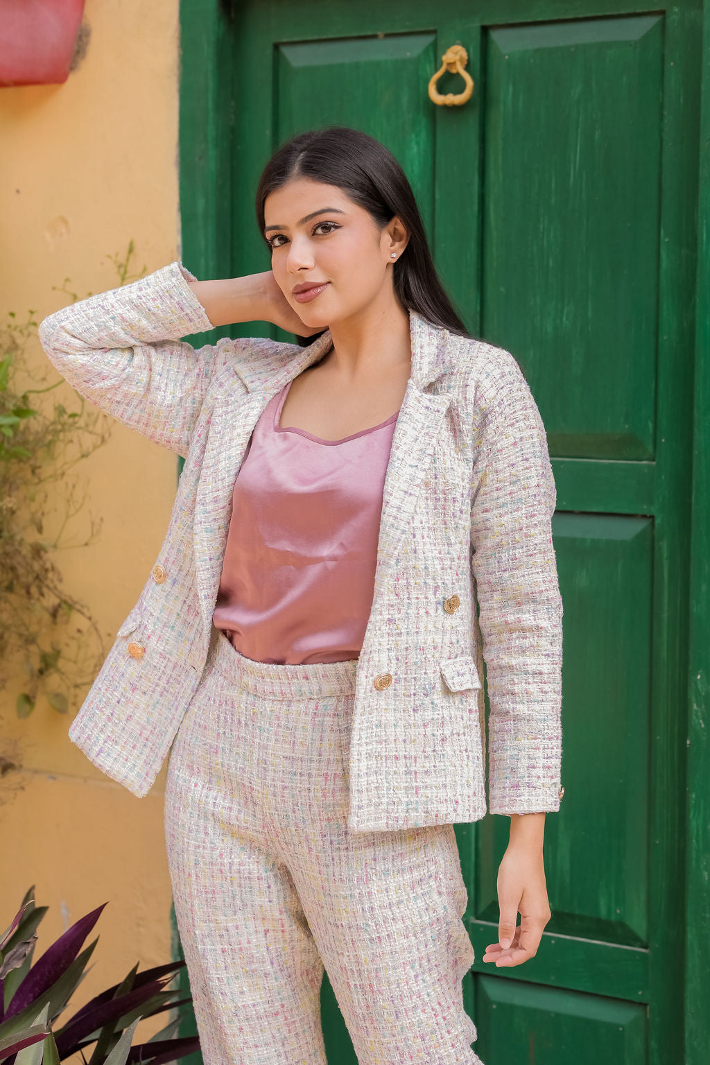 Colourful tweed fabric coat with gold buttons detailing & Pants Co ord set EWCO0042-CLRPT
