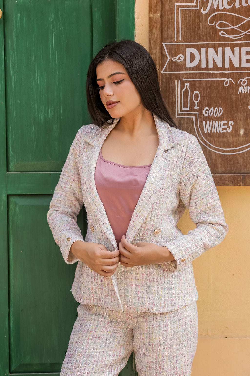 Colourful tweed fabric coat with gold buttons detailing & Pants Co ord set EWCO0042-CLRPT
