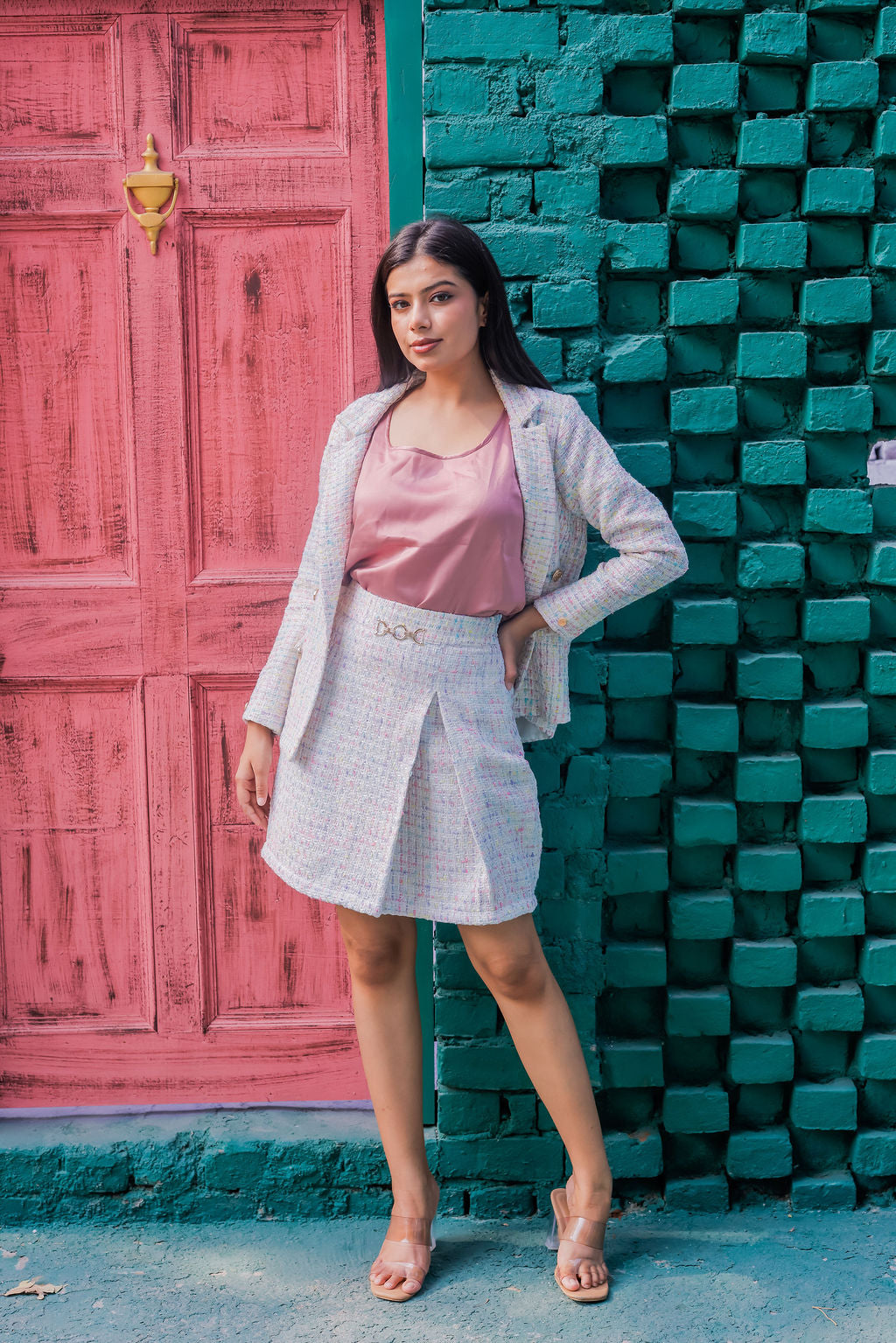 Colourful tweed knee length skirt  ESWSK0013-CLRGB