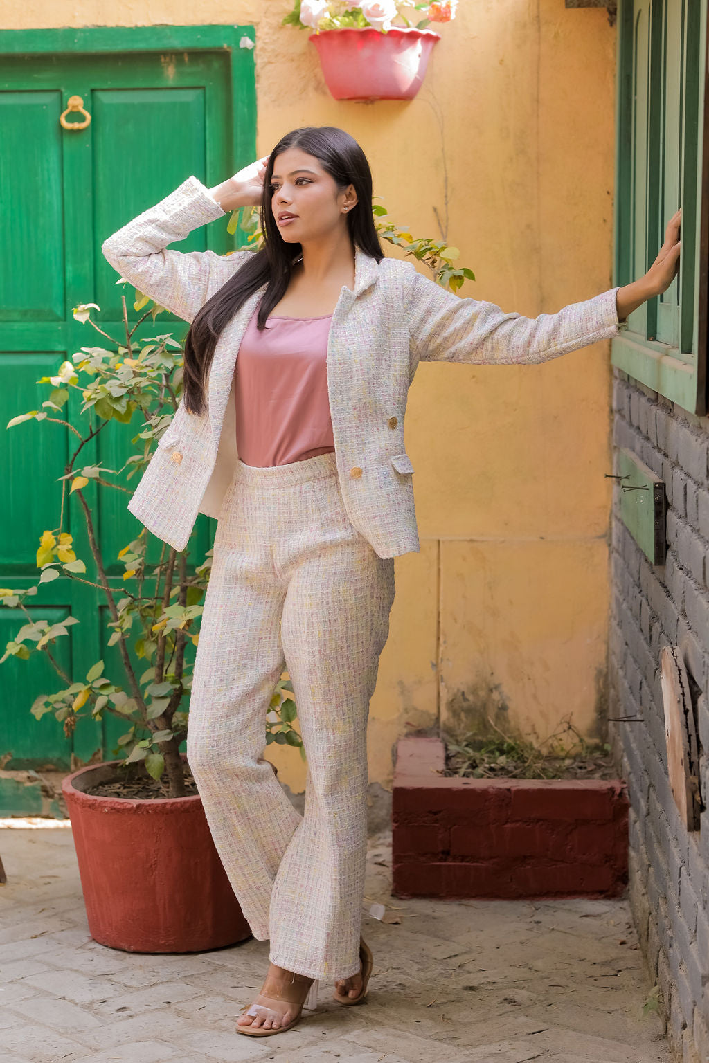 Colourful tweed pants with gold buttons detailing ESWPA0026-CLRGB