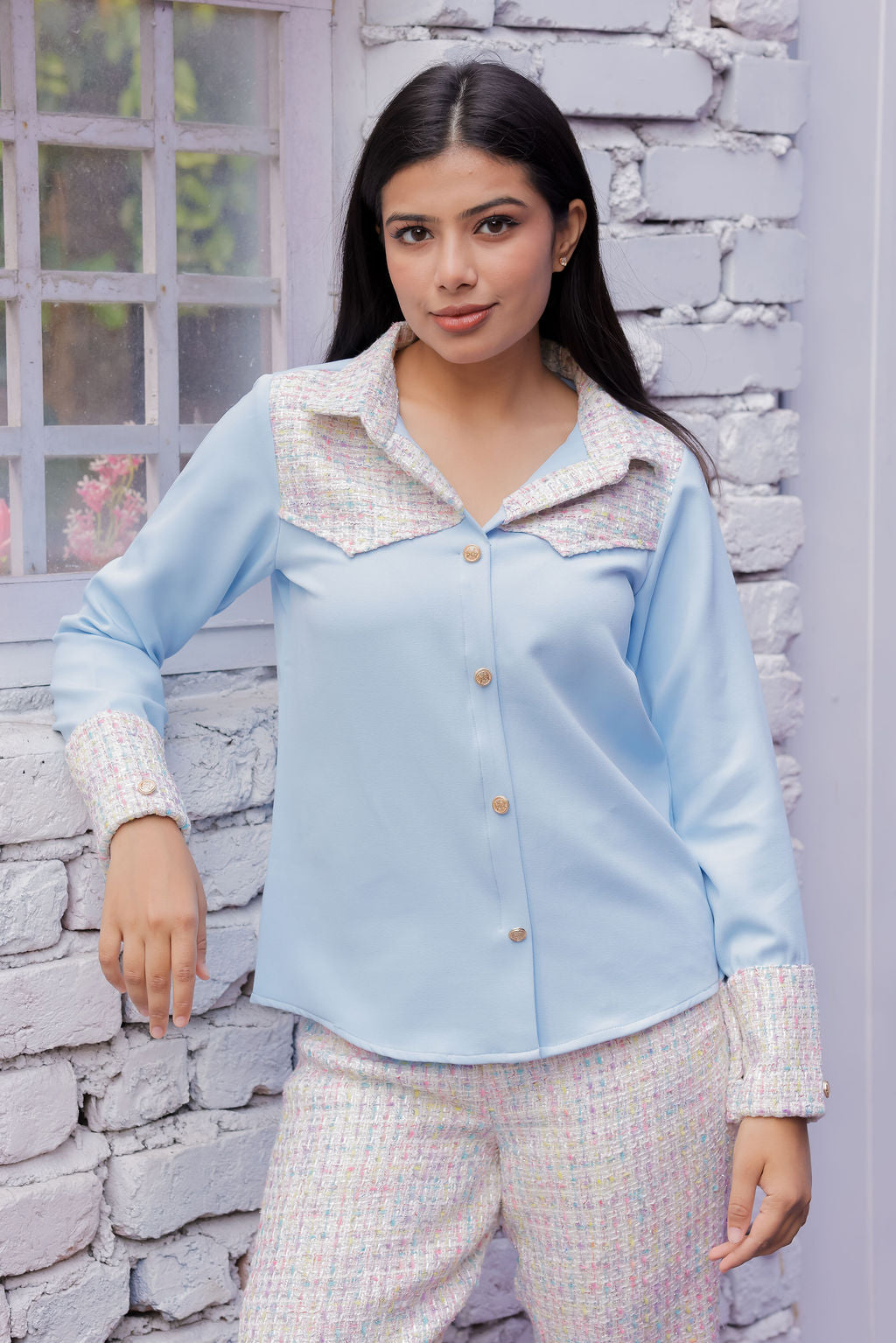 Colourful tweed Blue shirt with pants with gold buttons detailing Co Ord Set ESWSH0024-CLRGB