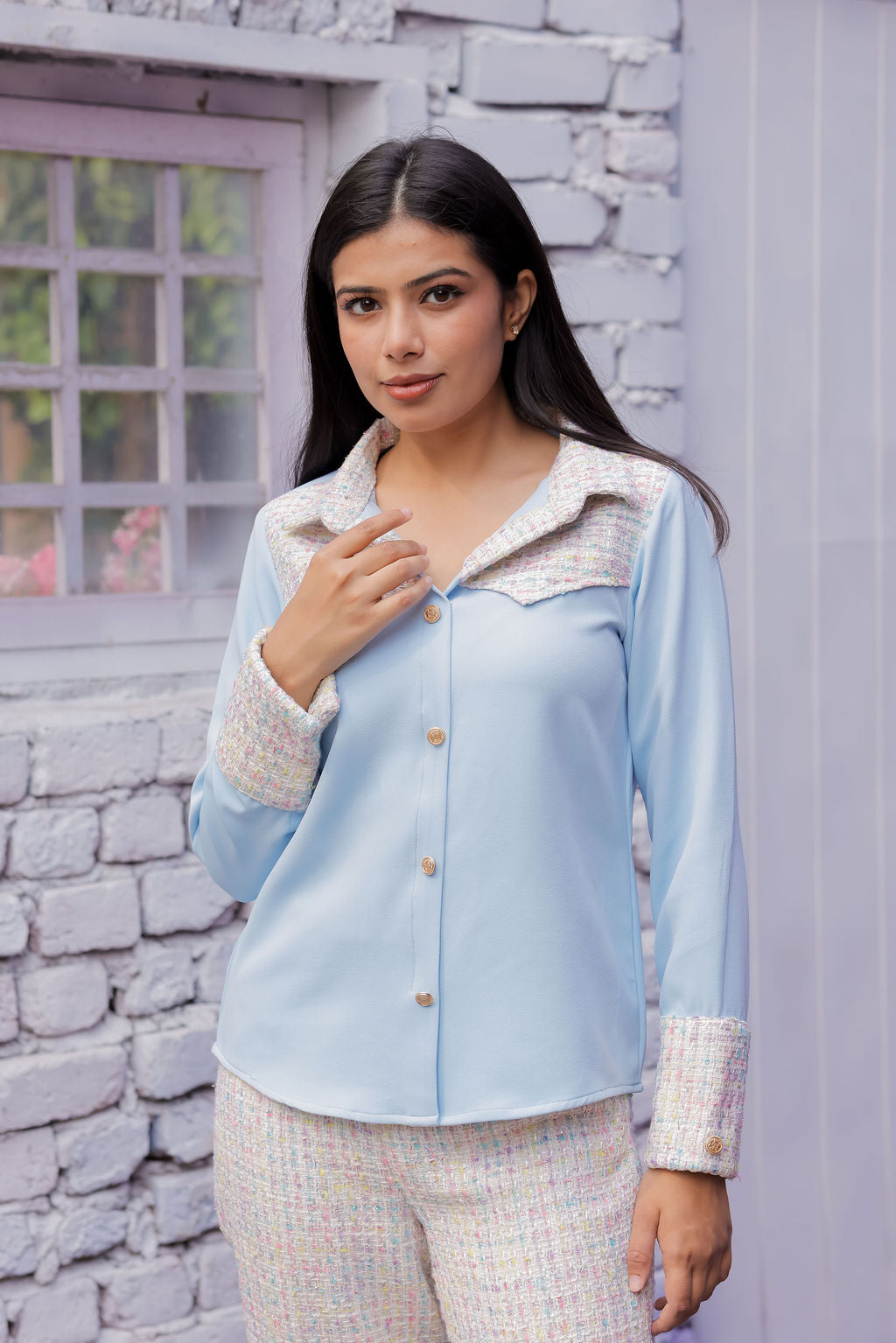 Colourful tweed shirt with blue fabric ESWSH0024-CLRGB