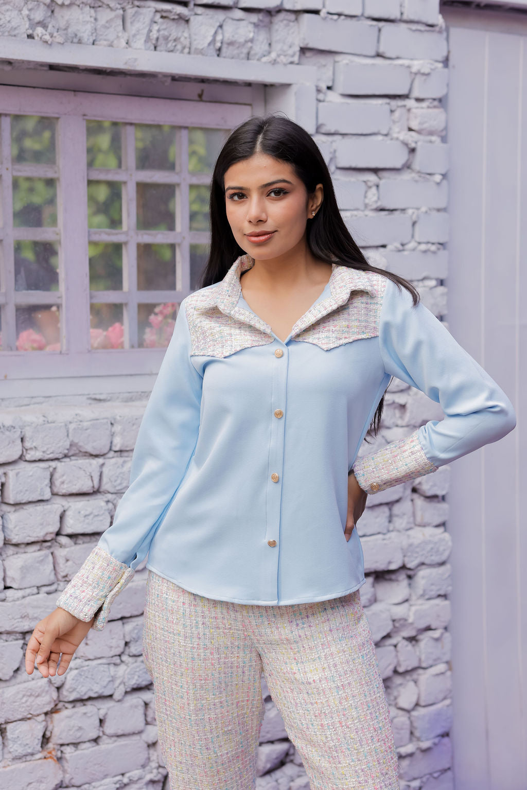 Colourful tweed Blue shirt with pants with gold buttons detailing Co Ord Set ESWSH0024-CLRGB