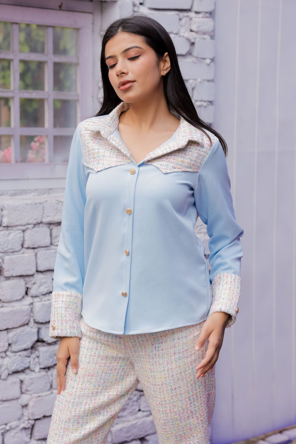 Colourful tweed Blue shirt with pants with gold buttons detailing Co Ord Set ESWSH0024-CLRGB