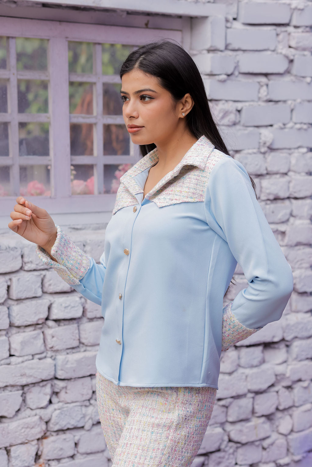 Colourful tweed shirt with blue fabric ESWSH0024-CLRGB