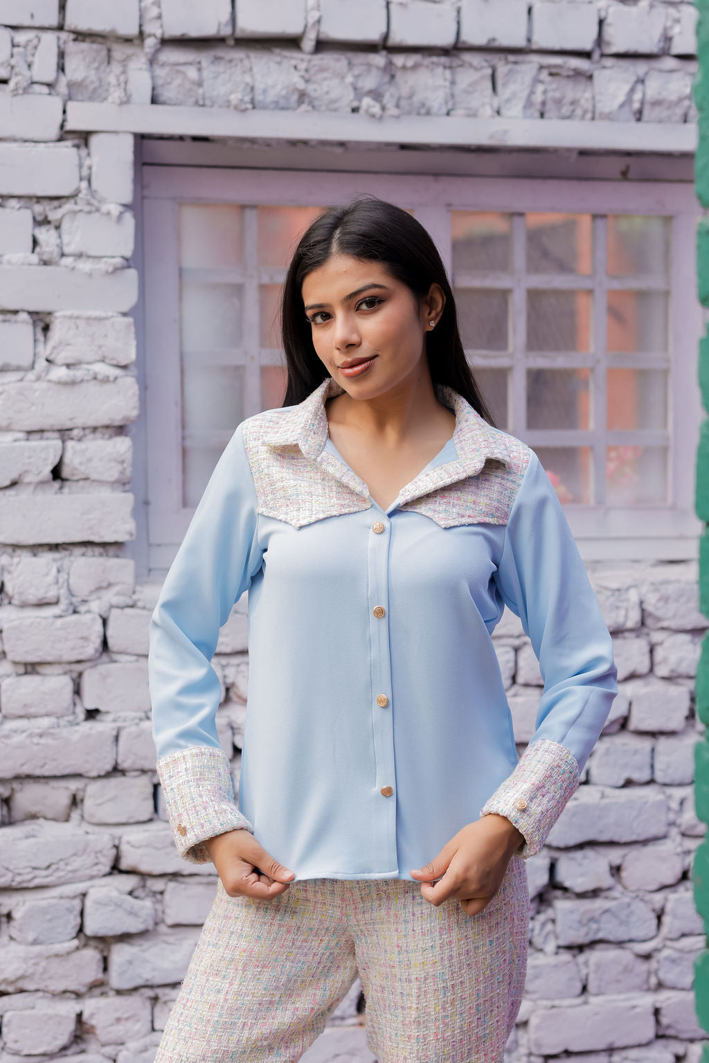 Colourful tweed Blue shirt with pants with gold buttons detailing Co Ord Set ESWSH0024-CLRGB