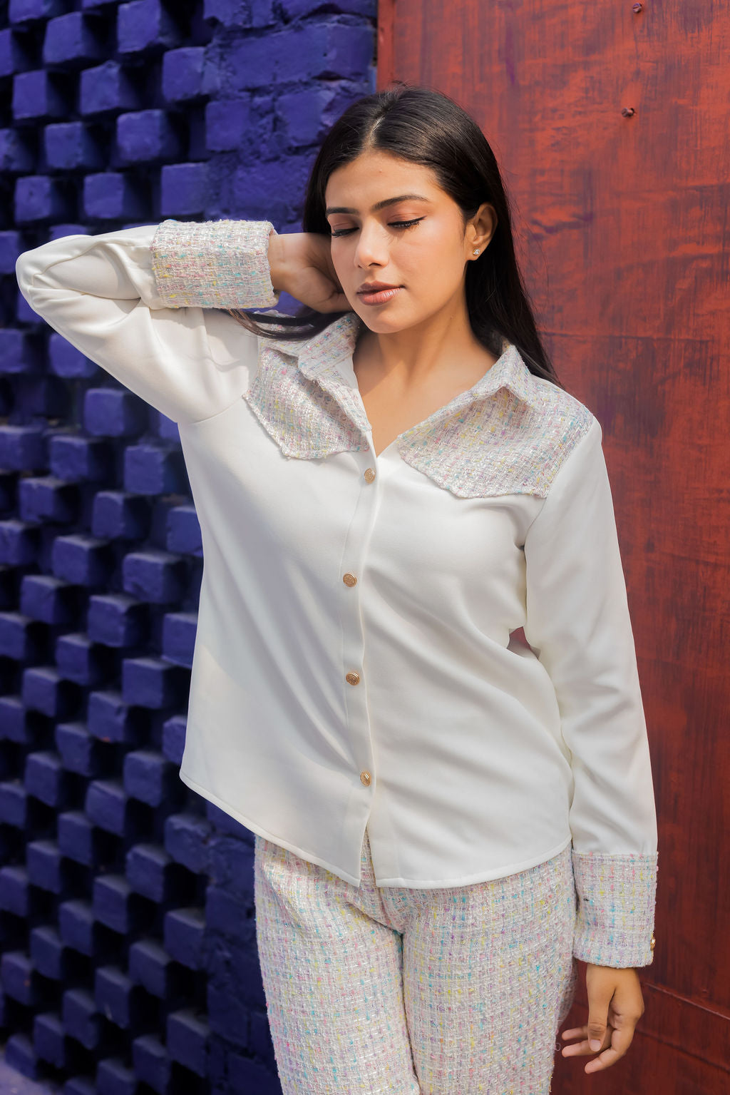 Colourful tweed shirt with white fabric  ESWSH0021-CLRGB