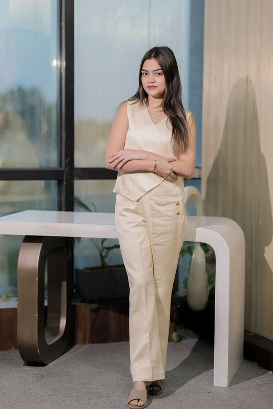Cream Linen waistcoat with gold applique EWTP0070-CREGA