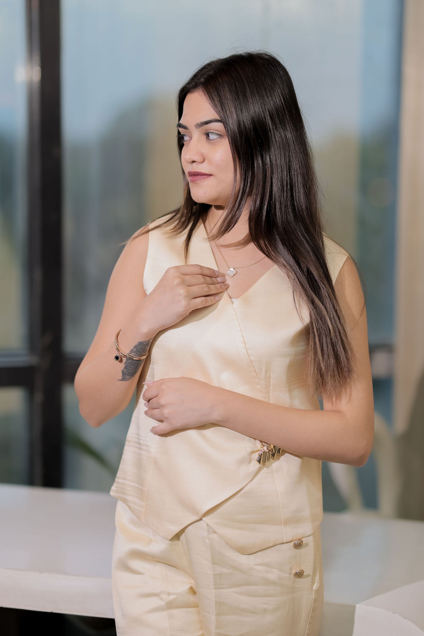 Cream Linen waistcoat with gold applique EWTP0070-CREGA