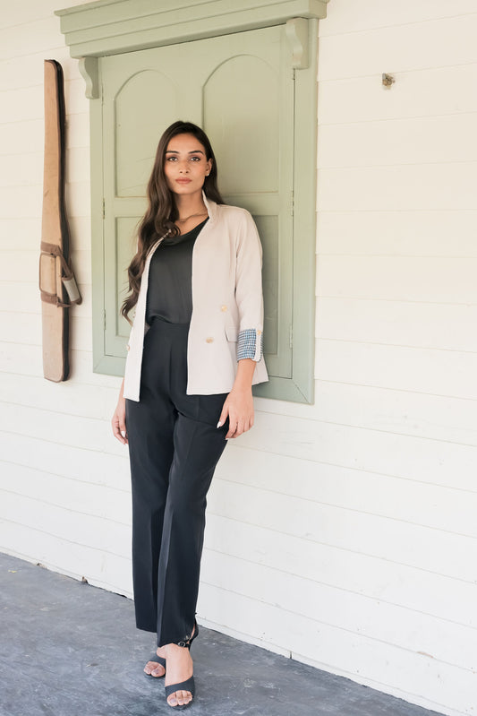 Cream crepe coat with houndstooth detailing and gold buttons & Pants Co ord set  EWCO0041-CRMPT
