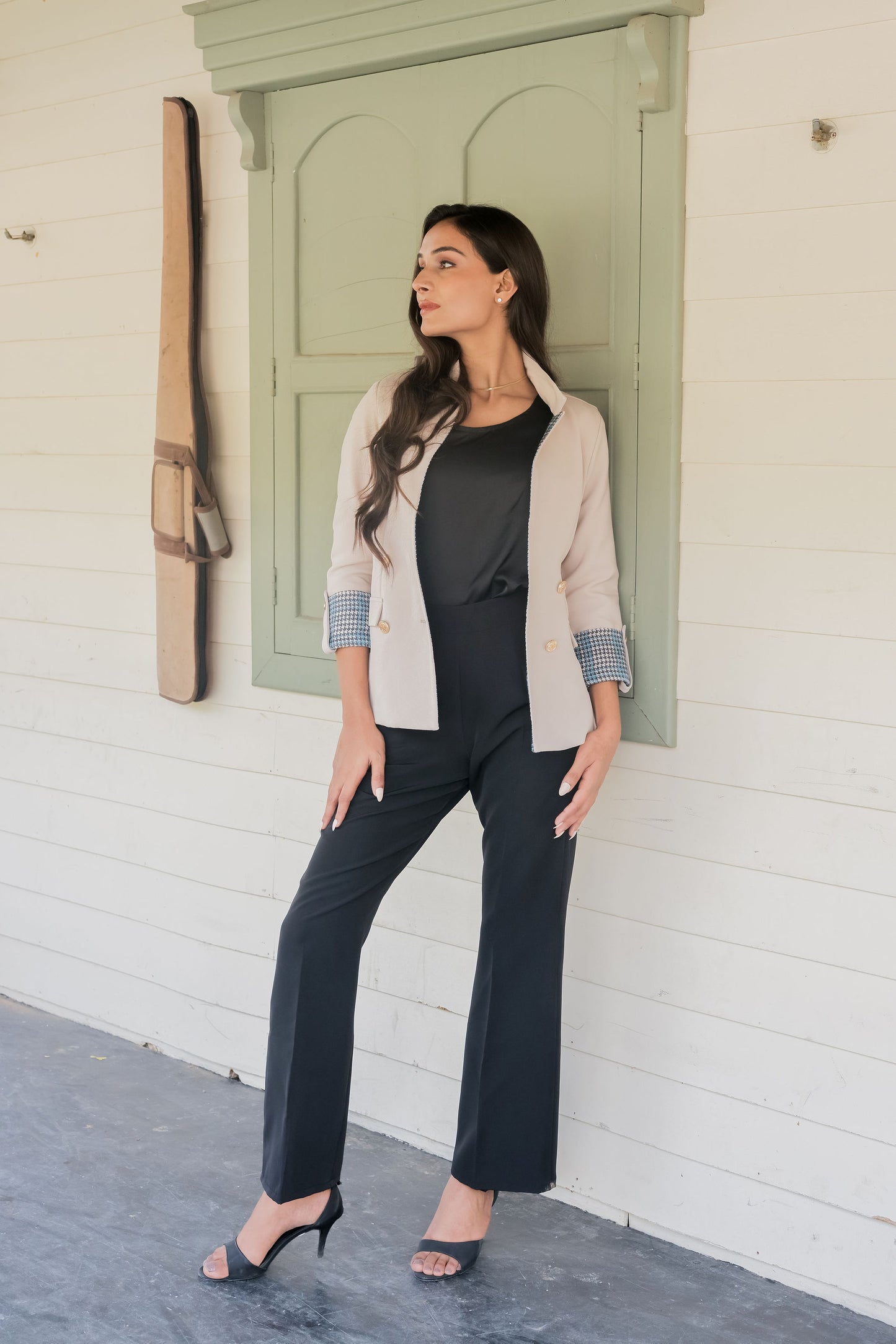 Cream crepe coat with houndstooth detailing and gold buttons & Pants Co ord set  EWCO0041-CRMPT