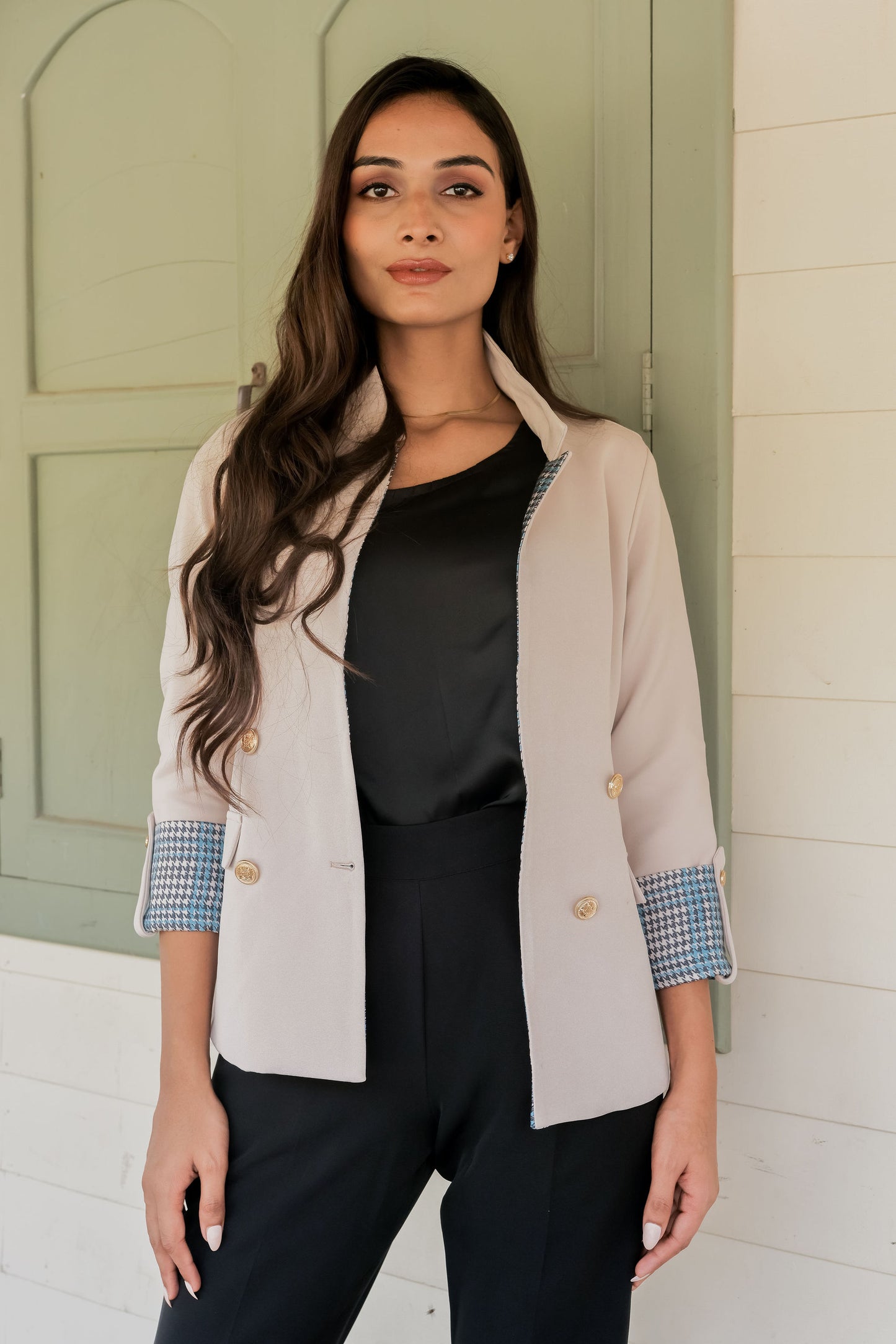 Cream crepe coat with houndstooth detailing and gold buttons & Pants Co ord set  EWCO0041-CRMPT