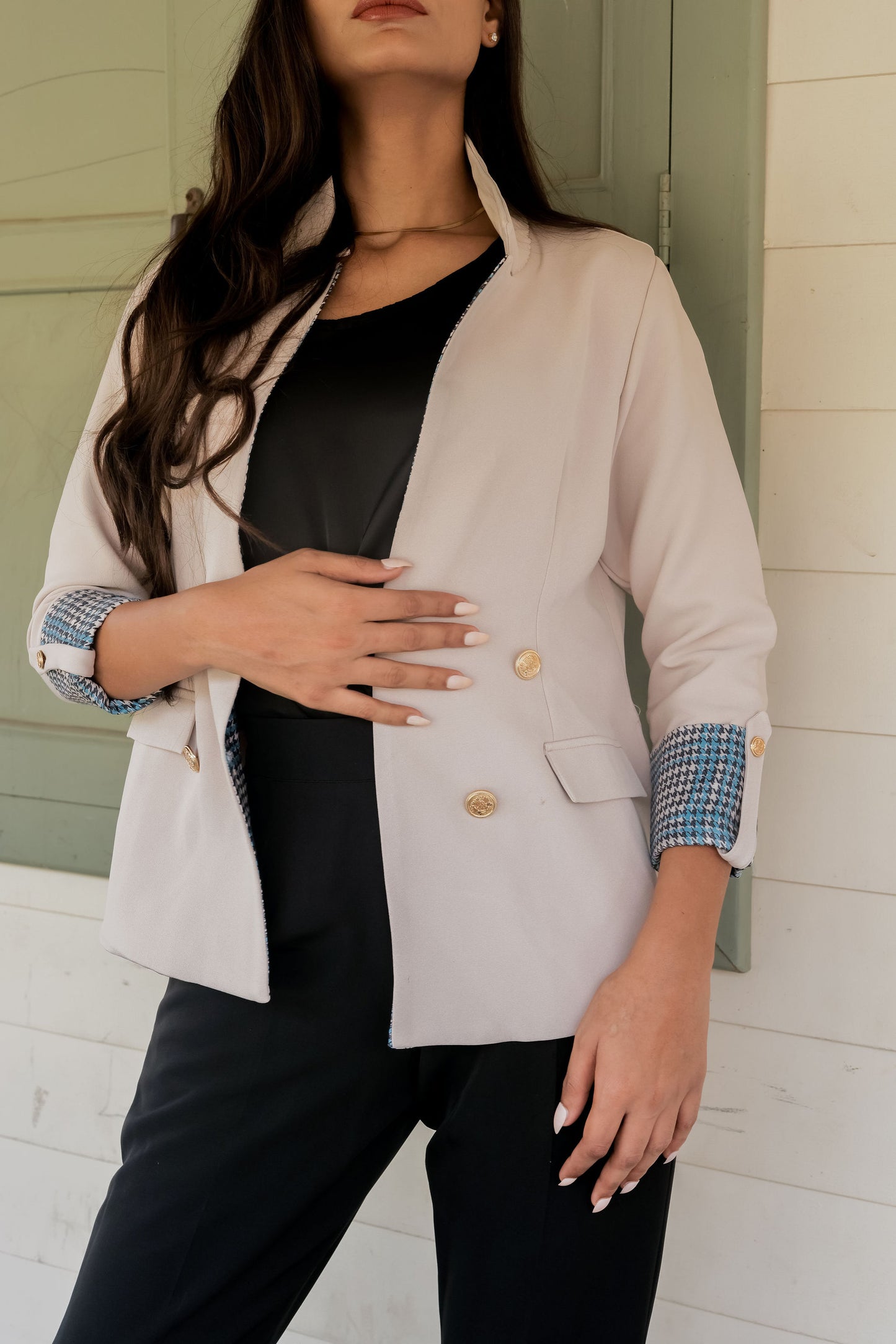 Cream crepe coat with houndstooth detailing and gold buttons EWCT0016-CRMGB