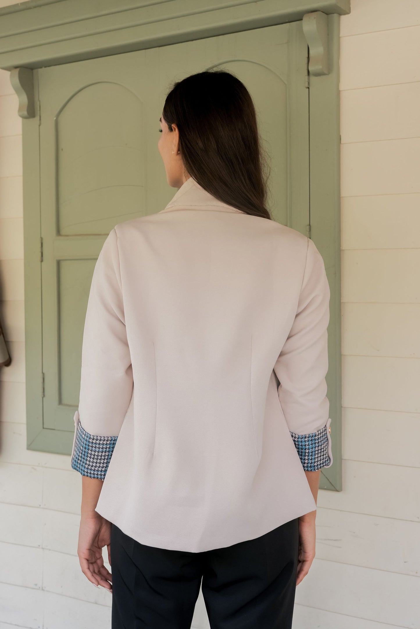 Cream crepe coat with houndstooth detailing and gold buttons EWCT0016-CRMGB