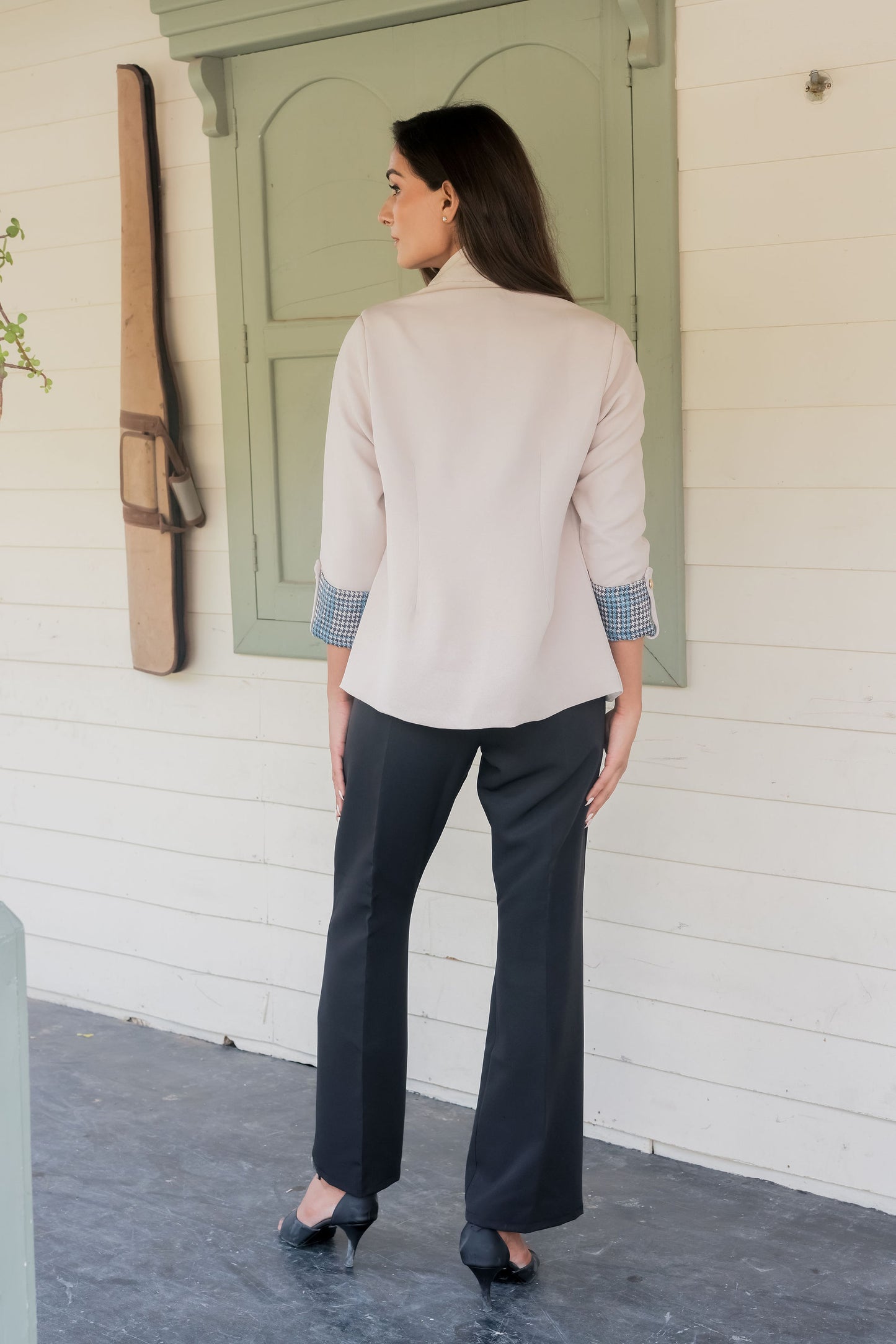 Cream crepe coat with houndstooth detailing and gold buttons EWCT0016-CRMGB