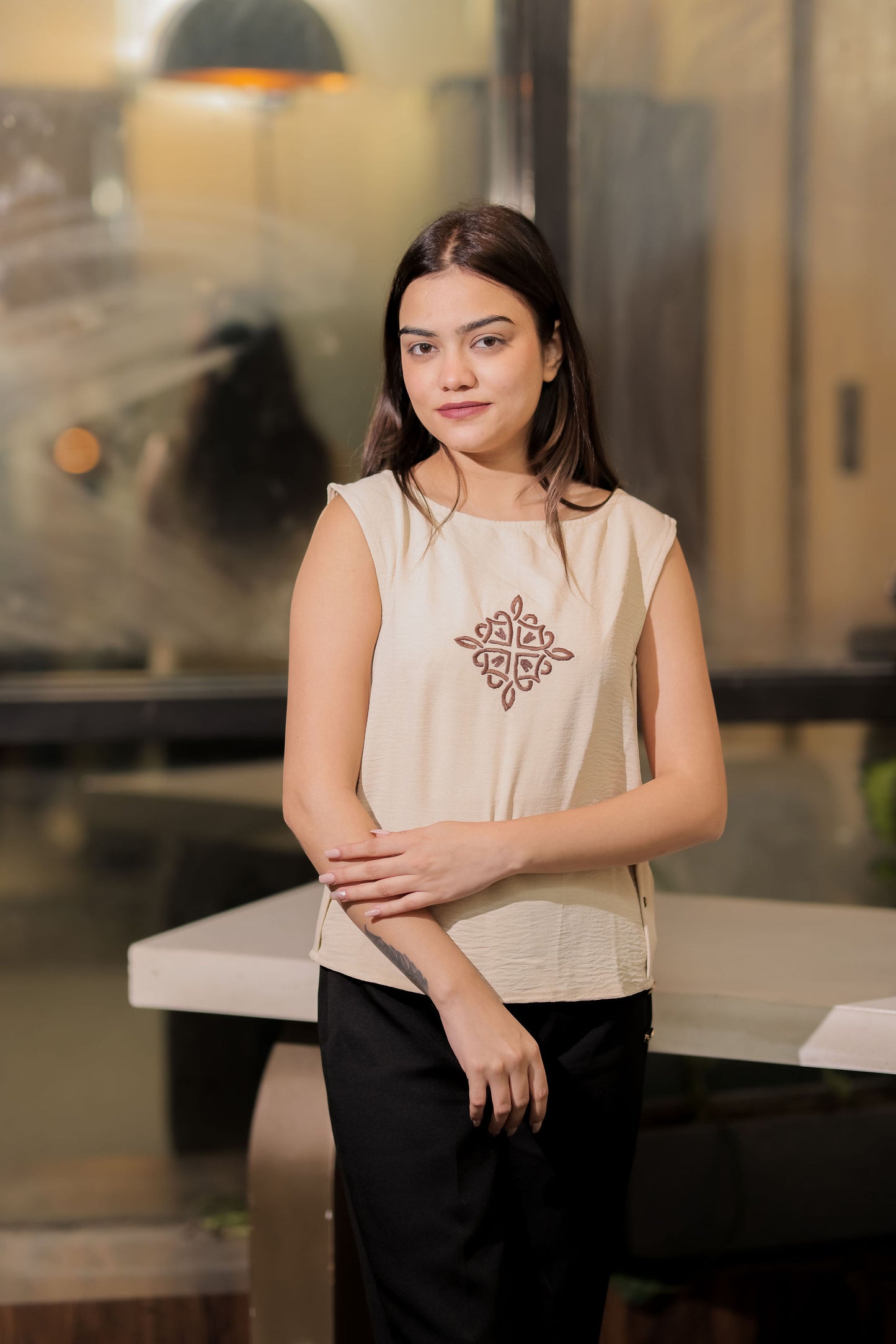 Cream linen with brown embroidery top  EWTP0037-CREEB