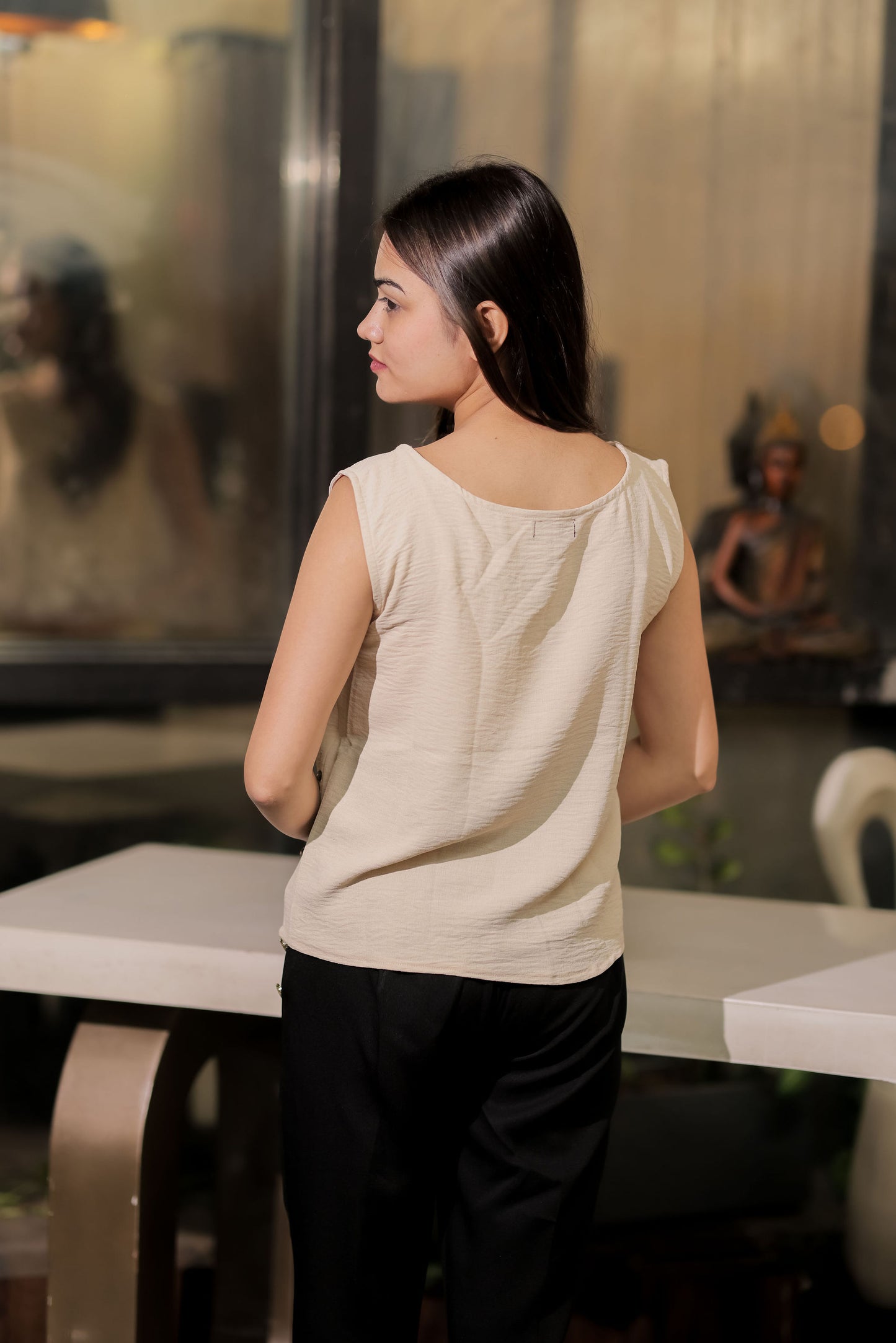 Cream linen with brown embroidery top  EWTP0037-CREEB