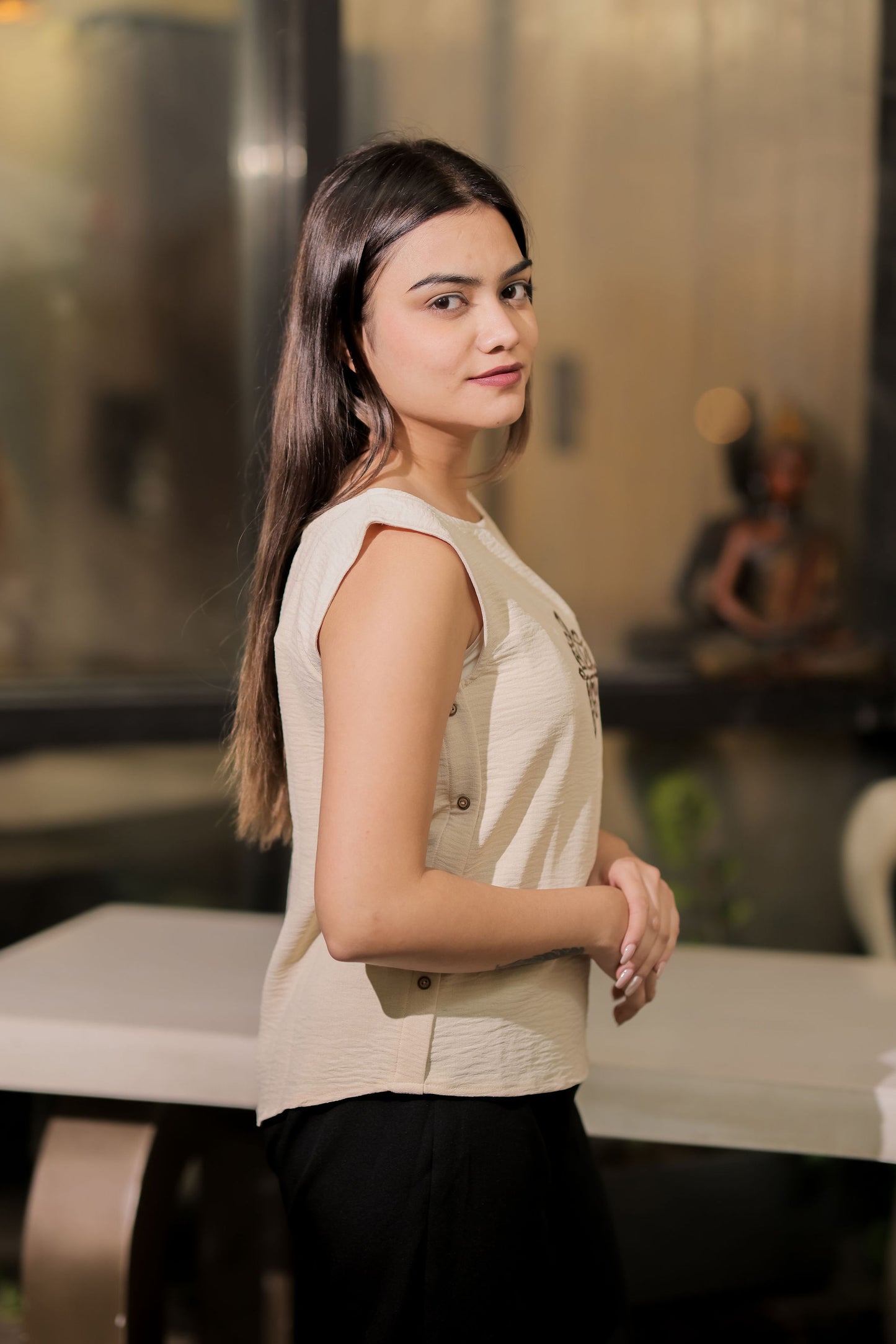 Cream linen with brown embroidery top  EWTP0037-CREEB