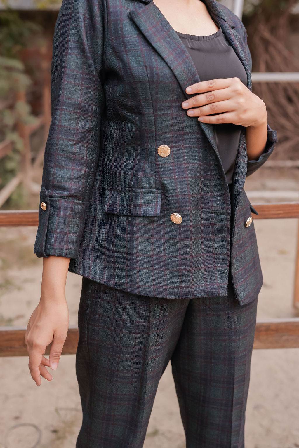 Green & Blue tweed fabric coat with gold buttons detailing EWCT0012-GRNGB