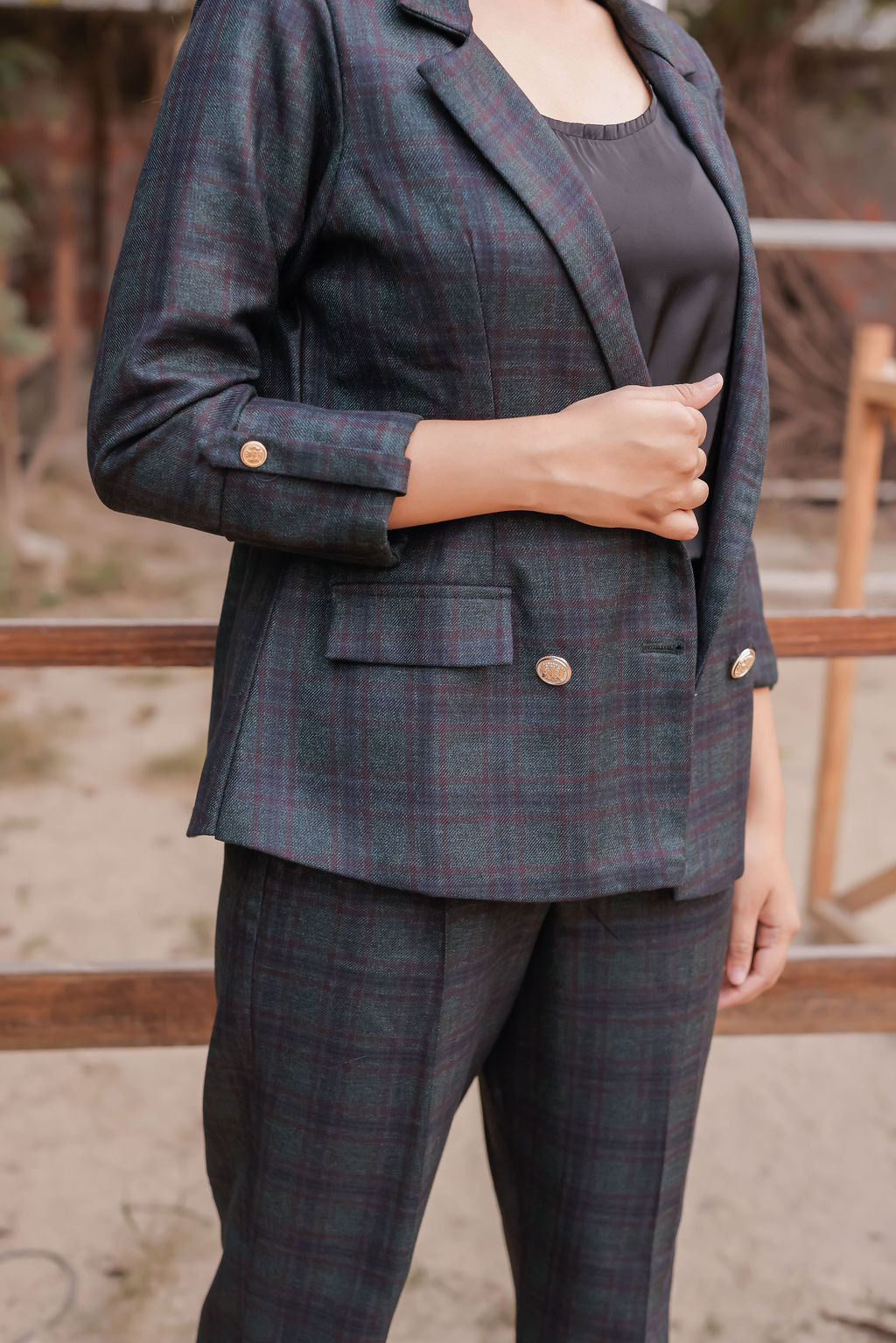 Green & Blue tweed pants with gold buttons detailing ESWPA0022-GRNGB